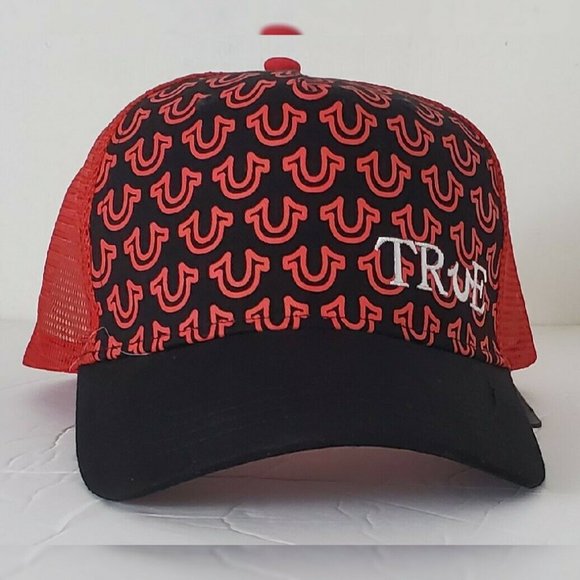 TRUE RELIGION ALLOVER HORSESHOE TRUE TRUCKER HAT MEN'S ADJUSTABLE OS BLACK/RED - Picture 2 of 10